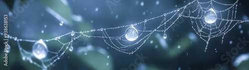 Fresh raindrops on intricate spiderwebs in a serene garden, showcasing delicate textures, ideal for a minimalist and tranquil natural backdrop.