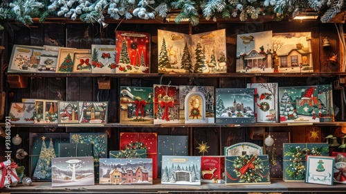 Holiday card display rack with a variety of designs and themes.