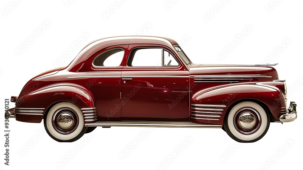 Fototapeta premium A classic car model with rounded edges and chrome details, isolated on a white background.
