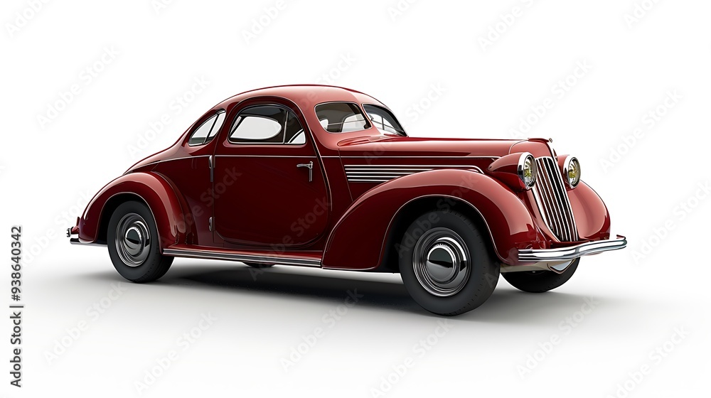 A classic car model with rounded edges and chrome details, isolated on a white background. A classic car model with rounded edges and chrome details, isolated on a white background.