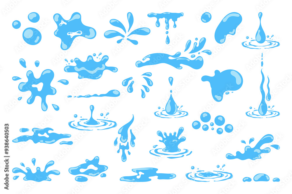 Cartoon blue dripping water drops, splashes, sprays and tears. Liquid flow, wave, stream and puddles. Nature water motion shapes vector set. Illustration of rain water drop, liquid splash Cartoon blue dripping water drops, splashes, sprays and tears. Liquid flow, wave, stream and puddles. Nature water motion shapes vector set. Illustration of rain water drop, liquid splash