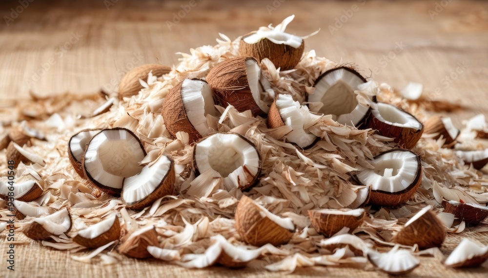  Freshly cracked coconuts on a rustic surface