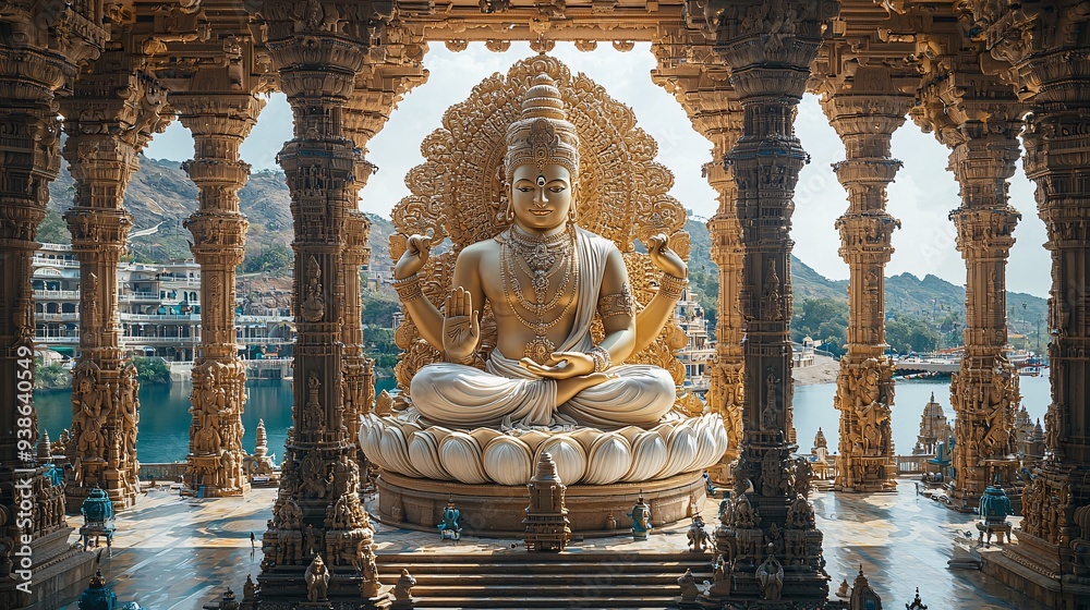 Fototapeta premium A majestic golden statue of Brahma seated in an ornate temple, with intricate carvings and sacred symbols surrounding him.