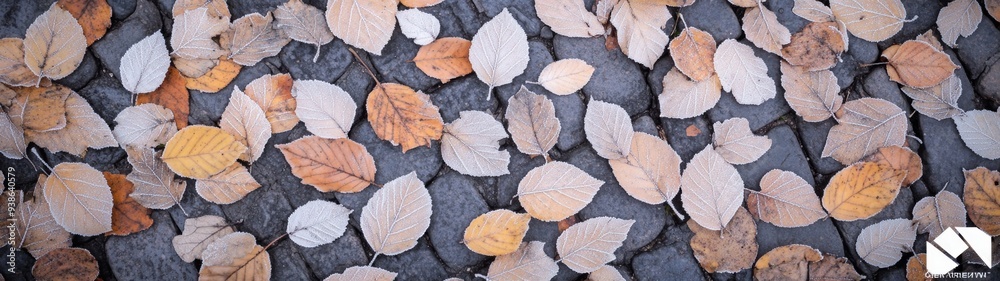 Frosted Autumn Leaves on Brick Pathway, textured layers of vibrant orange and brown, evoking seasonal change, creating a warm, nostalgic atmosphere in a minimalist setting Frosted Autumn Leaves on Brick Pathway, textured layers of vibrant orange and brown, evoking seasonal change, creating a warm, nostalgic atmosphere in a minimalist setting