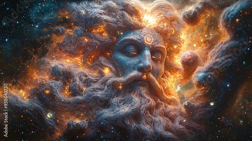 A cosmic Brahma with four glowing faces, surrounded by swirling galaxies and stars, holding the Vedas and other sacred symbols of creation. photo