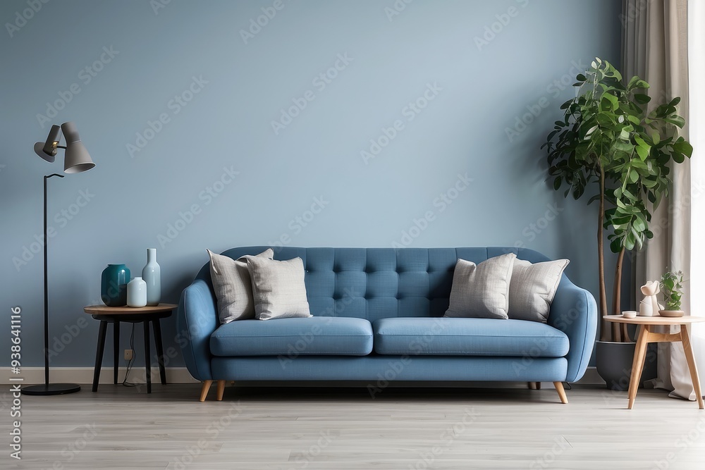 Interior design of modern living room with blue sofa and gray armchair Interior design of modern living room with blue sofa and gray armchair