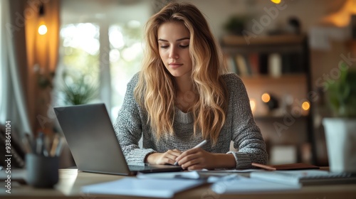 Free Download A young woman quickly organizing her desk at home, preparing for an online meeting, surrounded by notebooks and a laptop. - GFXLoad