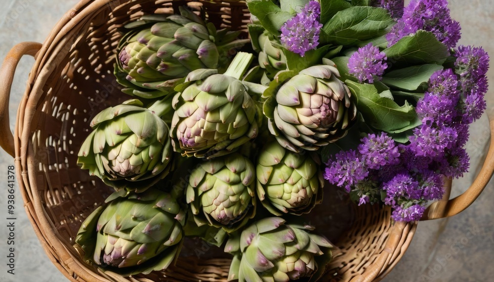 Fototapeta premium Freshly harvested artichokes in a woven basket