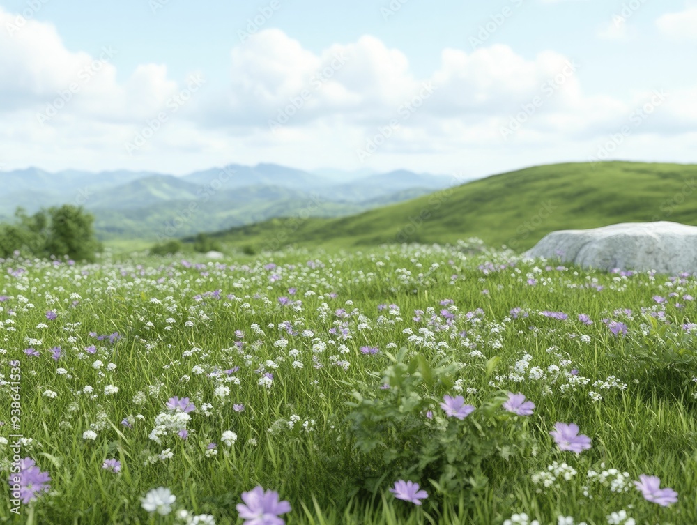 A serene meadow in full bloom under a bright partly cloudy sky A serene meadow in full bloom under a bright partly cloudy sky