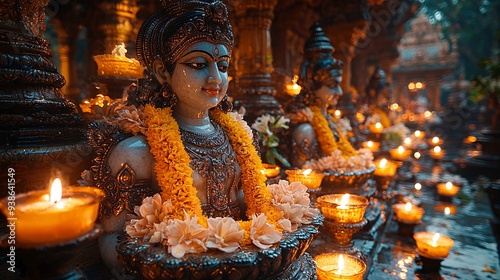 An ancient temple with a grand statue of Brahma, surrounded by devotees offering prayers and flowers, illuminated by soft candlelight. photo