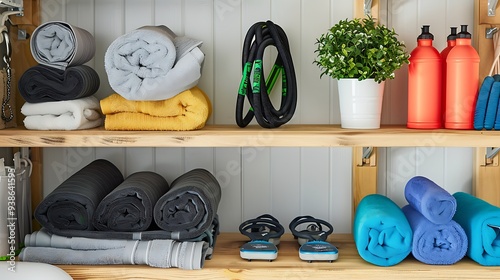 A clean and organized shelf with fitness gear including resistance bands and towels.