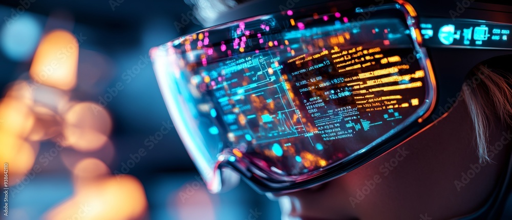 Futuristic eyewear showcasing augmented reality graphics and data, enhancing vision and immersive technology experience. Futuristic eyewear showcasing augmented reality graphics and data, enhancing vision and immersive technology experience.