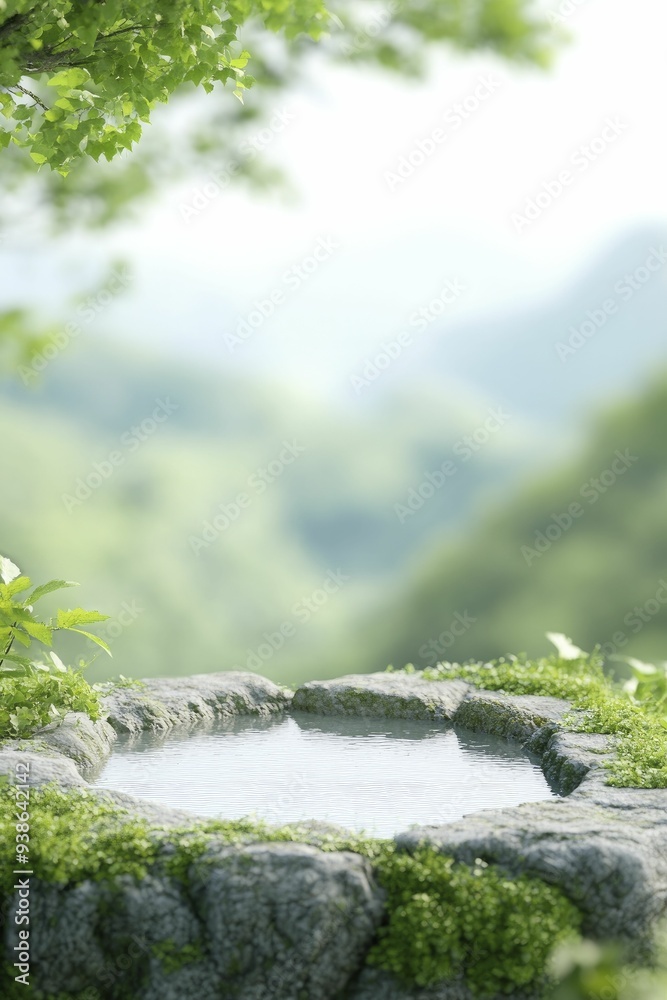 A serene natural rock basin filled with water nestled amidst lush greenery and overlooking misty mountains A serene natural rock basin filled with water nestled amidst lush greenery and overlooking misty mountains