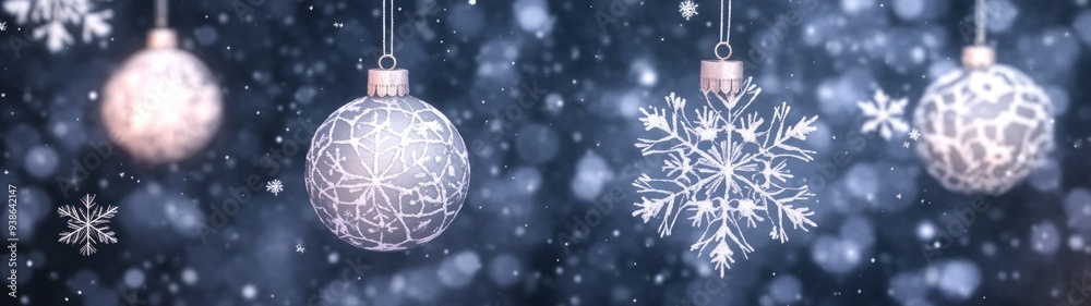 Frosted Glass Ornaments with Snowflake Patterns, delicate textures, soft glowing background, refined festive atmosphere, minimalist elegance, serene holiday setting, decorative backdrop Frosted Glass Ornaments with Snowflake Patterns, delicate textures, soft glowing background, refined festive atmosphere, minimalist elegance, serene holiday setting, decorative backdrop