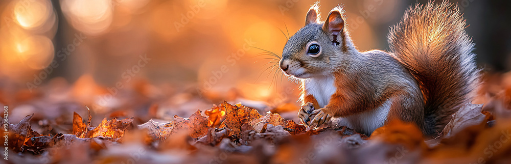 Obraz premium A cute squirrel in search of acorns in the autumn forest.