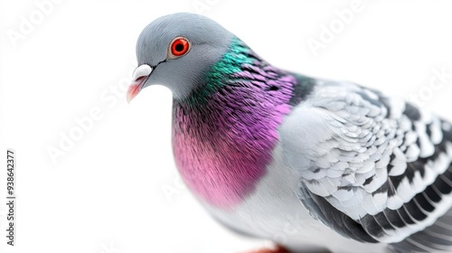 A close-up of a beautiful pigeon with vibrant plumage and striking red eyes against a white background.