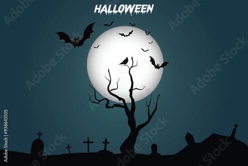 Halloween silhouette landscape illustration.