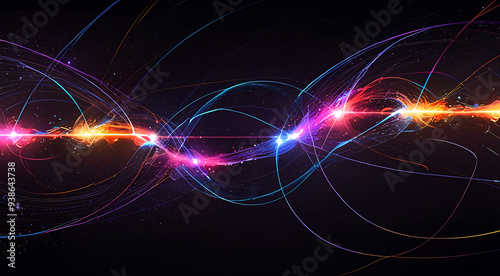 An abstract digital illustration of quantum particles in motion, with vibrant energy trails and entangled states represented by interlocking waves, floating in a dark void with copy space. photo