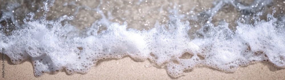 Naklejka premium Frothy Ocean Waves on Sandy Beach, dynamic textures of crashing waves, fine bubbles on wet sand, invigorating coastal scene, ideal for vibrant backgrounds and designs
