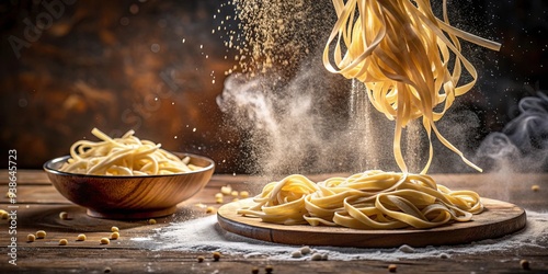 Handmade noodles cooking scene with flour flying in baking scene on black background, captured in warm tone food photography photo