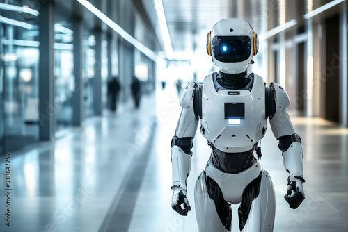 A humanoid robot patrolling a modern facility, enhancing security by monitoring the premises. The robot is equipped with various sensors and cameras, moving through hallways with a vigilant