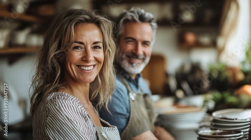 Smiling, the middle-aged couple rinses and stacks dishes, turning a chore into a fun activity photo