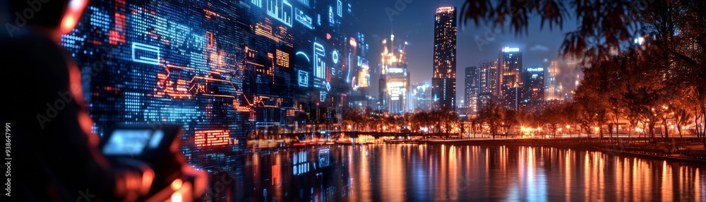 Vibrant city skyline at night, illuminated by neon lights reflecting on water, showcasing modern urban life and technology. Vibrant city skyline at night, illuminated by neon lights reflecting on water, showcasing modern urban life and technology.