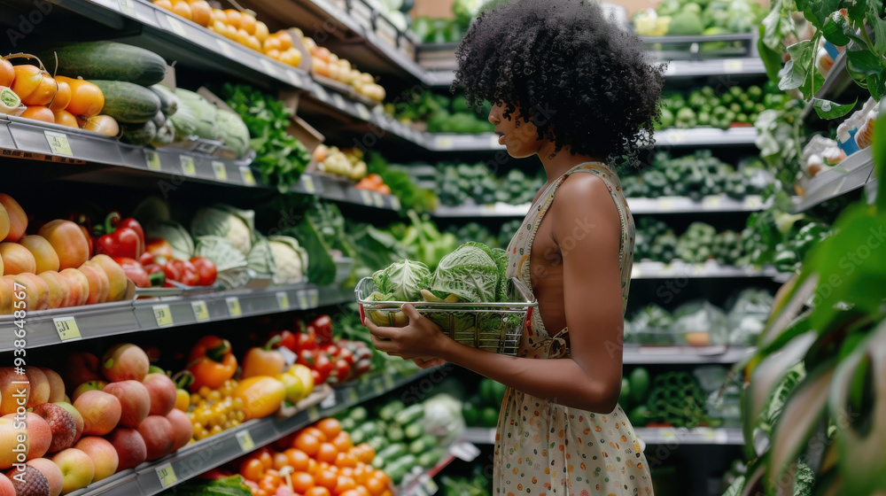 Woman picking colorful fruits and vegetables in a clean, well-lit store Woman picking colorful fruits and vegetables in a clean, well-lit store