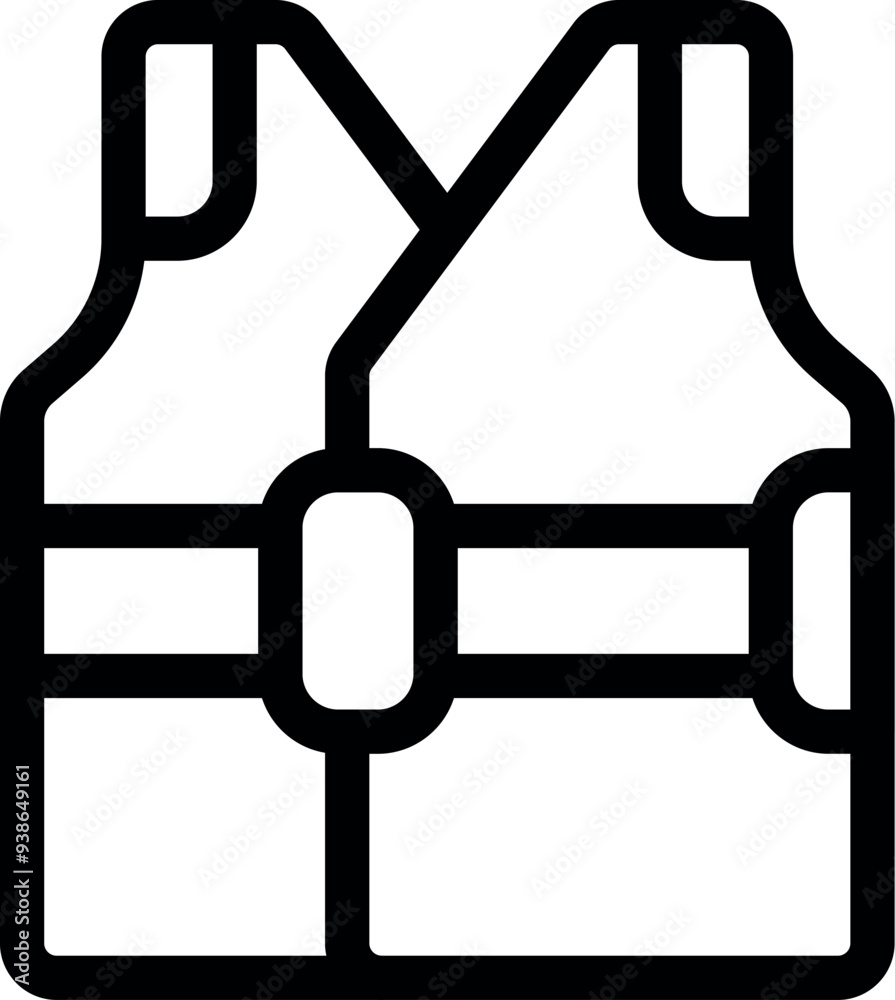 Simple black and white line art icon of a life vest, emphasizing the concept of safety and protection for water activities Simple black and white line art icon of a life vest, emphasizing the concept of safety and protection for water activities