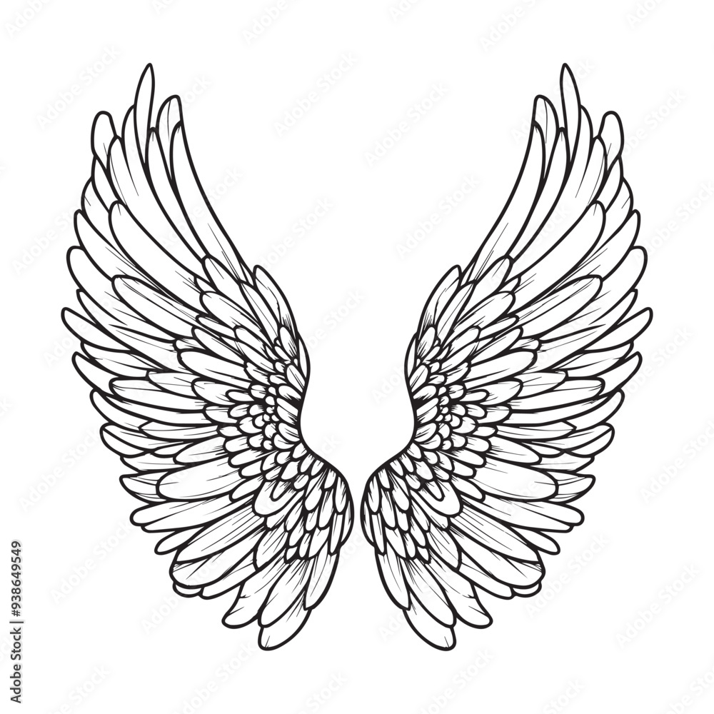 Obraz premium Angel Wing Clipart, Wings Outline Design- Memorial wings Illustration in black and white