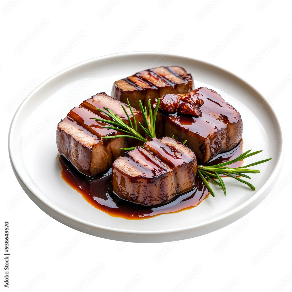 Grilled meat slices with sauce and rosemary on a plate. Gourmet food presentation. Grilled meat slices with sauce and rosemary on a plate. Gourmet food presentation.