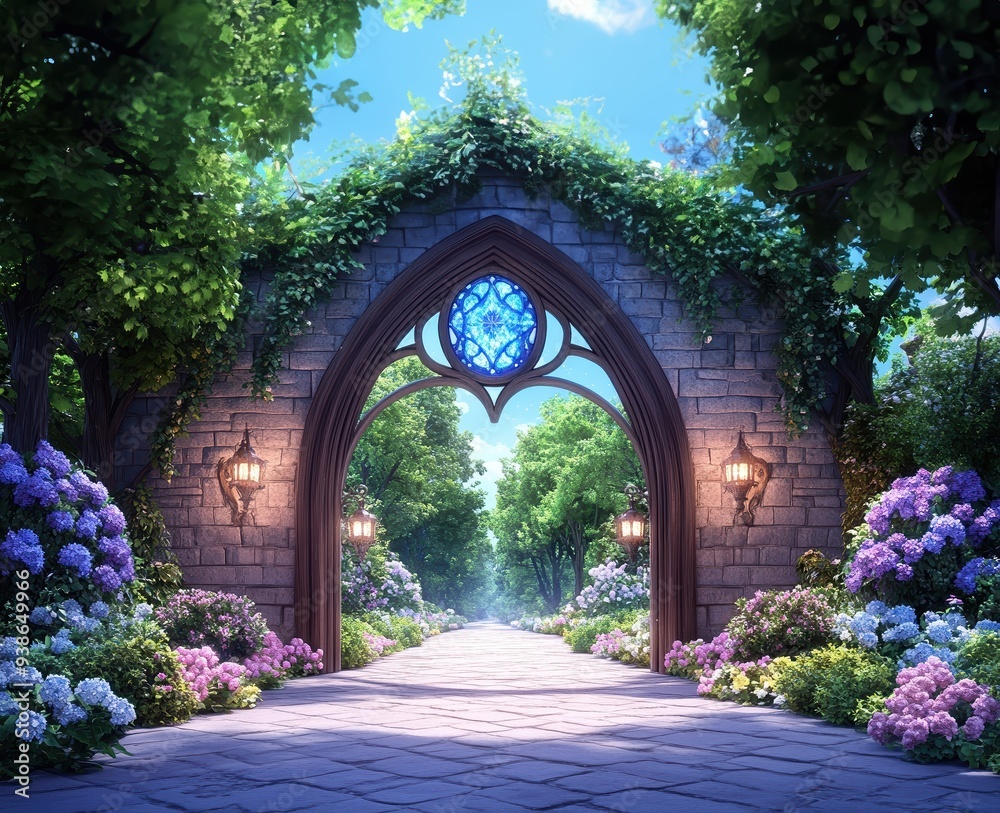 Fototapeta premium A serene garden pathway framed by lush greenery and colorful flowers, inviting exploration through an ornate stone archway.