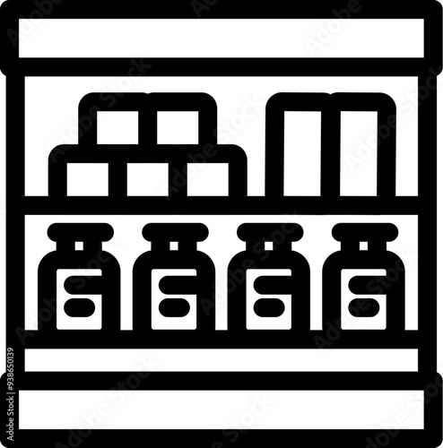 This icon represents a pharmacy drugstore shelf stocking medicine storage