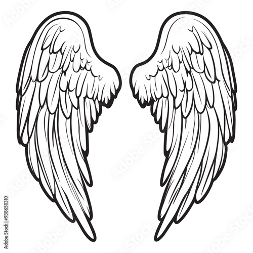 Angel Wing Clipart,  Wings Outline Design- Memorial wings Illustration in black and white