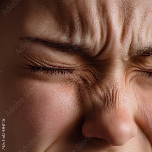 Closeup of a person's face with a pained expression, showing dull dental pain, mild discomfort photo