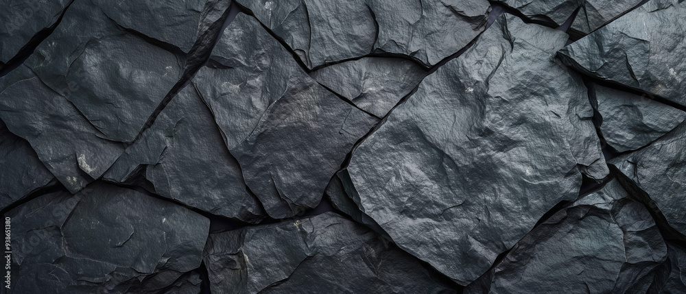 Fototapeta premium Black slate stone texture background close up dark grey rock surface rough grunge pattern in gray long background 