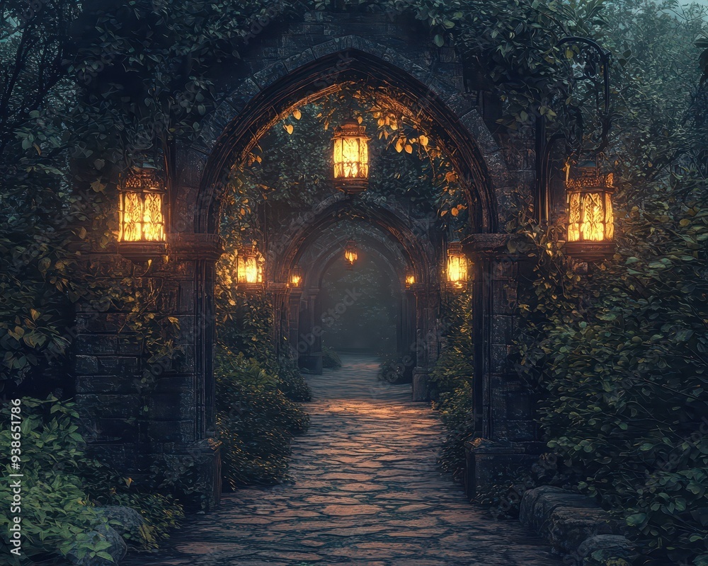 Obraz premium Gothic archway illuminated by flickering lanterns along a winding path,