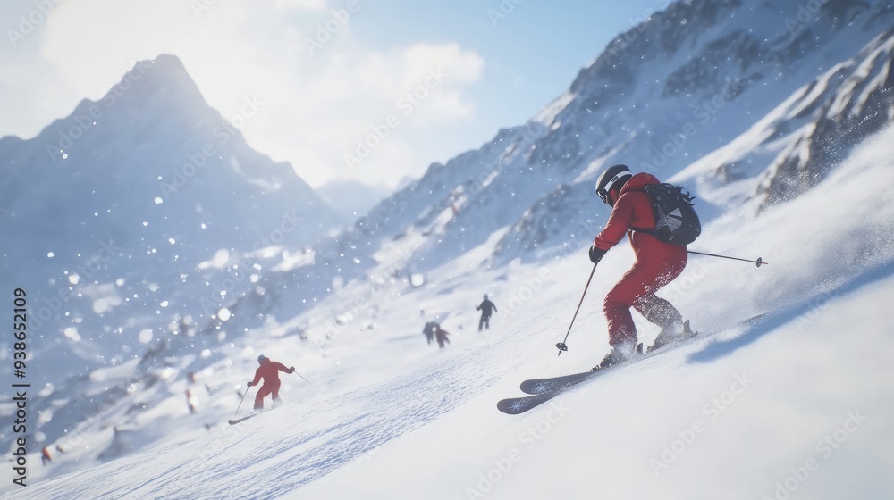 A winter sports scene with people skiing and snowboarding on a snowy mountain, capturing the excitement and adventure of snowy outdoor activities A winter sports scene with people skiing and snowboarding on a snowy mountain, capturing the excitement and adventure of snowy outdoor activities