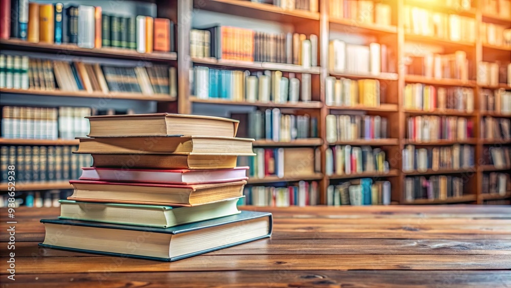A stack of assorted books neatly arranged on a wooden table in a peaceful library setting , books, library