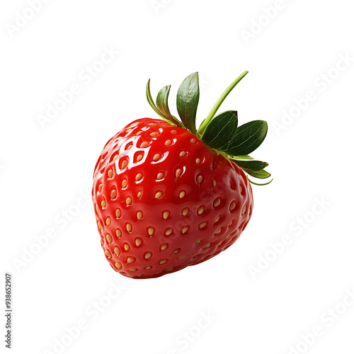 Single, ripe strawberry with green leaves isolated on a transparent background. photo