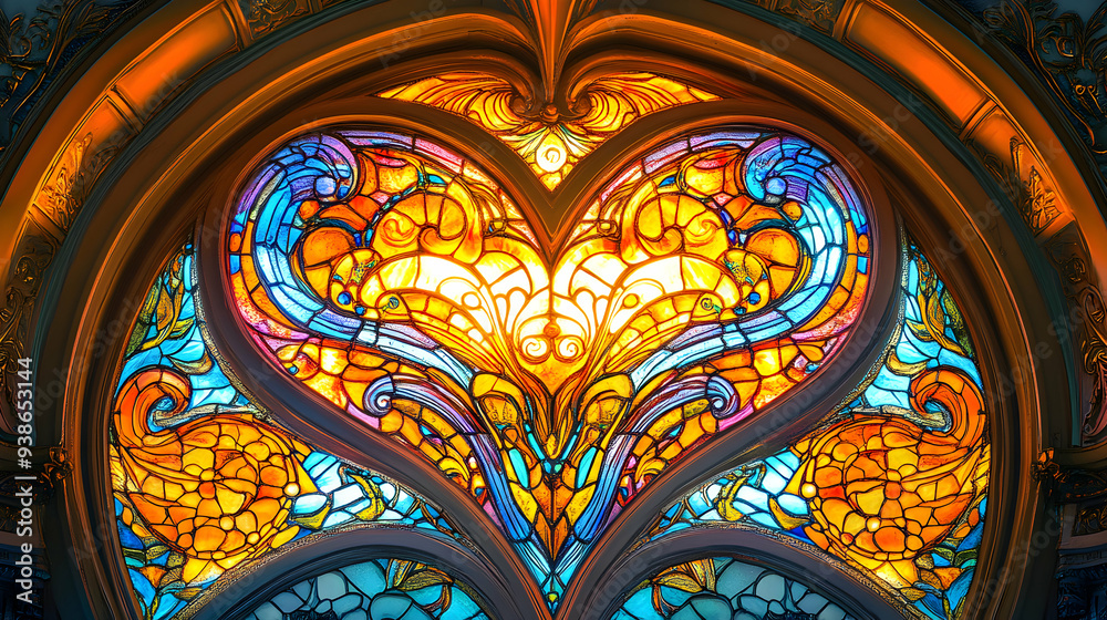 An intricate heart-shaped stained glass window with swirling patterns and vibrant colors, set against a backdrop of glowing light An intricate heart-shaped stained glass window with swirling patterns and vibrant colors, set against a backdrop of glowing light