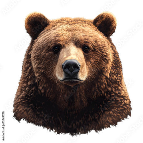 Brown bear's head with fur isolated on transparent background, realistic illustration of a wild animal with sharp eyes.