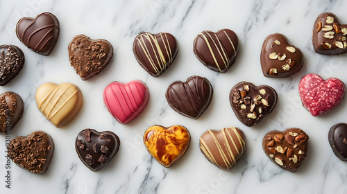 A collection of heart-shaped chocolates in various flavors and colors, arranged artfully on a marble countertop