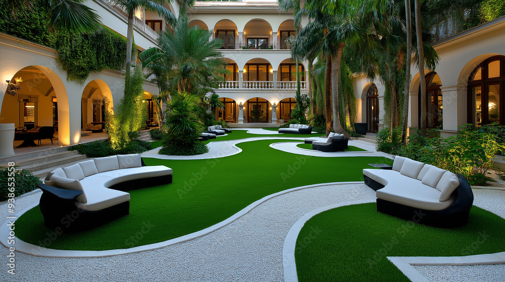 Obraz premium A luxurious hotel garden with well-maintained landscaping and comfortable seating