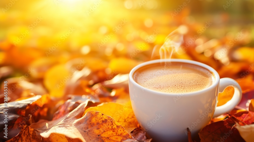 Warm and inviting autumn scene with a cup of hot coffee surrounded by colorful fall leaves and coffee beans, evoking the cozy comfort of the season. Perfect for commercial use in seasonal promotions, Warm and inviting autumn scene with a cup of hot coffee surrounded by colorful fall leaves and coffee beans, evoking the cozy comfort of the season. Perfect for commercial use in seasonal promotions,