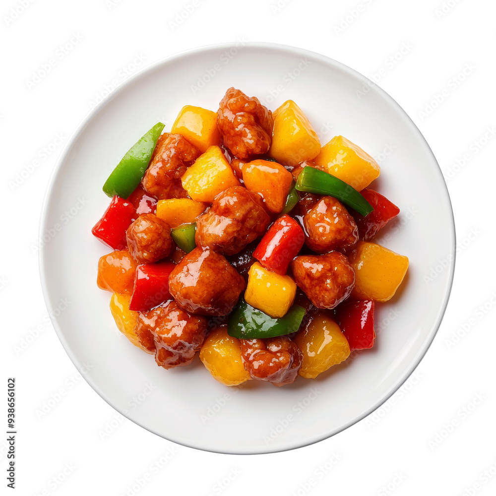 Delicious sweet and sour chicken with colorful bell peppers and pineapple on a white plate Delicious sweet and sour chicken with colorful bell peppers and pineapple on a white plate