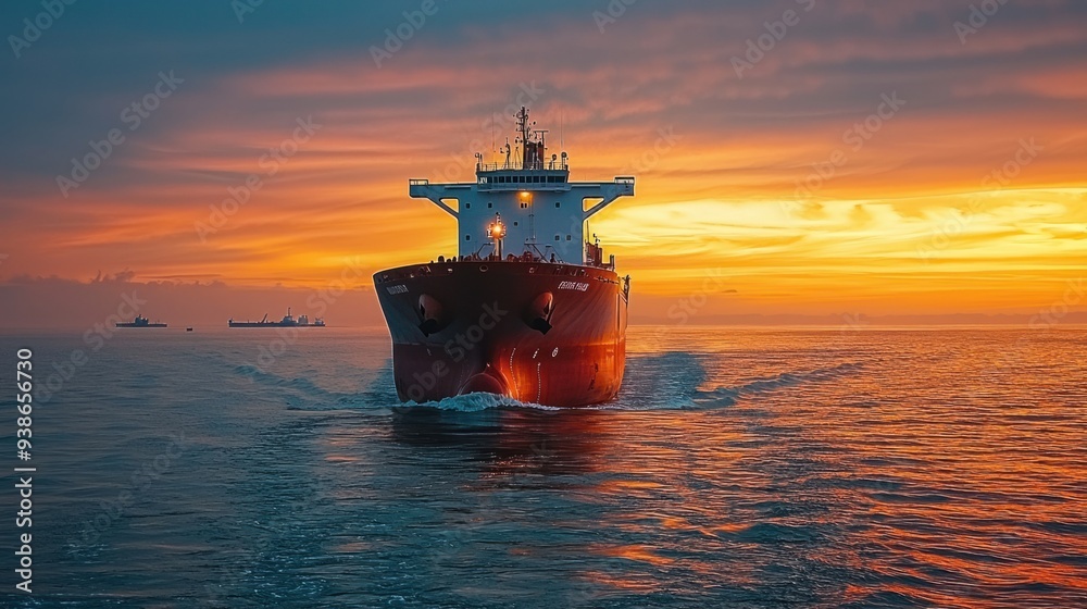 Sunset tanker on the horizon, sailing through the orange sky and calm sea Sunset tanker on the horizon, sailing through the orange sky and calm sea
