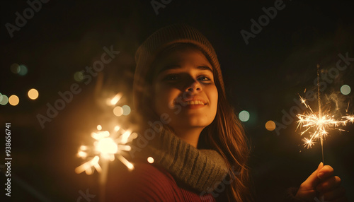 a woman is holding fireworks at night 