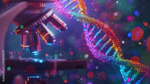 Colorful DNA strand under a microscope with a blurred background, representing genetic research and biotechnology advancement.