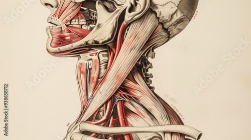 Detailed anatomical illustration of human head and neck muscles, showcasing internal structure and muscular system for educational purposes.